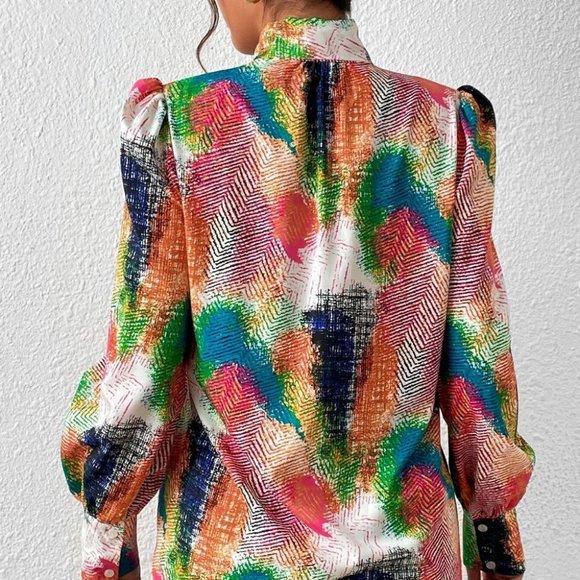 Multicolor contemporary print Tie Neck Lantern Sleeve Blouse - Picture 3 of 6